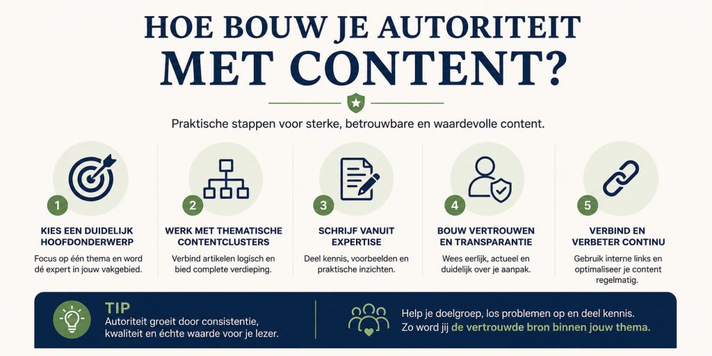 Visualisatie hoe je stap voor stap autoriteit bouwt met nuttige, betrouwbare content via thematische clusters